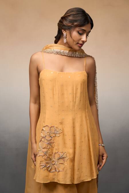 Parshya_Orange Silk, Linen, Brocade Embroidery Placement Floral Kurta Sharara Set _at_Aza_Fashions