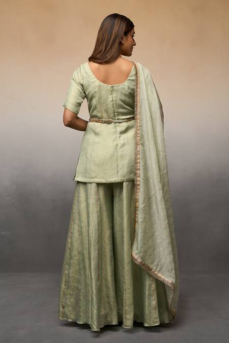 Shop_Parshya_Green Brocade, Georgette Sequins, Embroidery Round Crushed Kurta Palazzo Set _at_Aza_Fashions