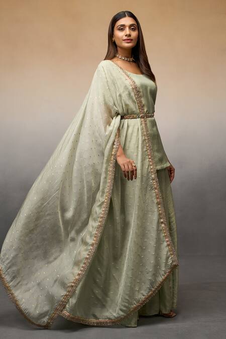 Parshya_Green Brocade, Georgette Sequins, Embroidery Round Crushed Kurta Palazzo Set _Online_at_Aza_Fashions