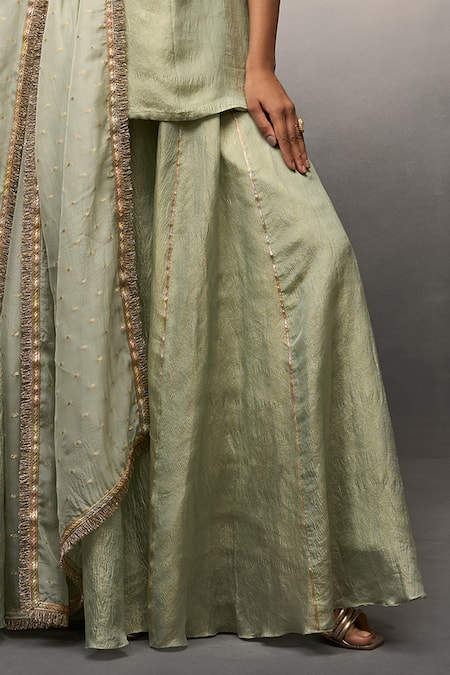 Buy_Parshya_Green Brocade, Georgette Sequins, Embroidery Round Crushed Kurta Palazzo Set _Online_at_Aza_Fashions