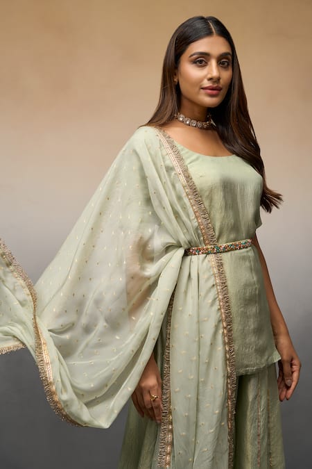 Shop_Parshya_Green Brocade, Georgette Sequins, Embroidery Round Crushed Kurta Palazzo Set _Online_at_Aza_Fashions