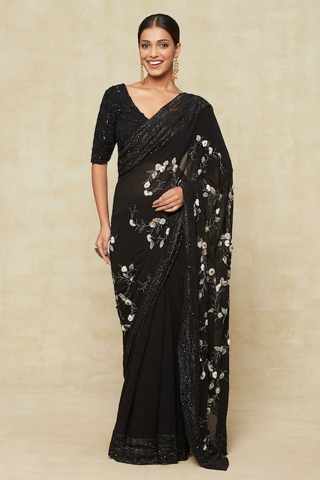 Anamika Khanna Sequin Floral Embroidered Saree With Blouse 