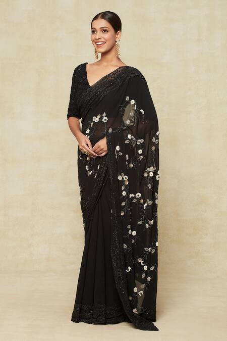 Buy_Anamika Khanna_Black Silk Sequins, Beads V-neck Floral Embroidered Saree With Blouse _Online_at_Aza_Fashions