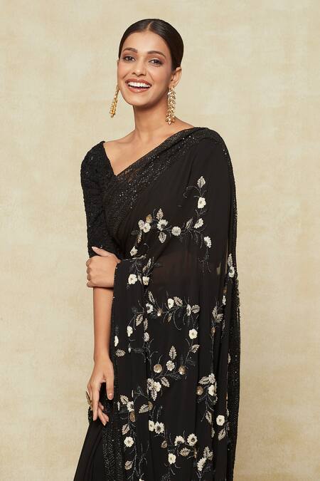 Anamika Khanna_Black Silk Sequins, Beads V-neck Floral Embroidered Saree With Blouse _at_Aza_Fashions