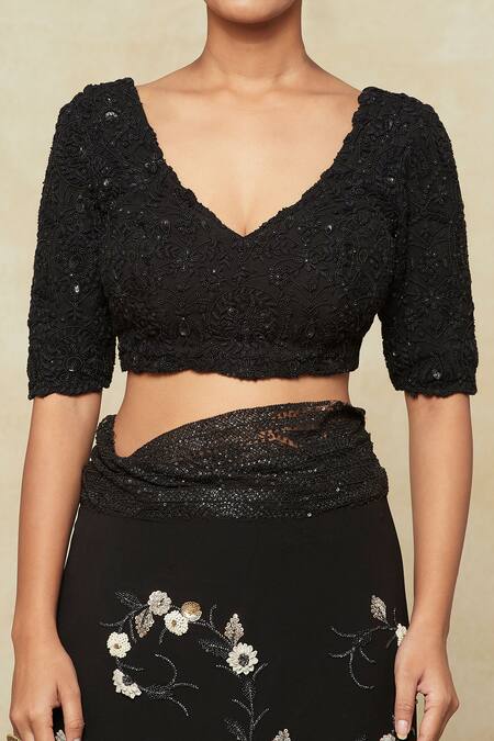 Buy_Anamika Khanna_Black Silk Sequins, Beads V-neck Floral Embroidered Saree With Blouse 