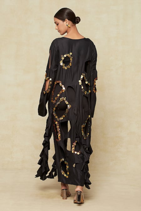 Shop Anamika Khanna Black Silk Sequins Open Neck Embellished Cutout Jacket at Aza Fashions Shop_Anamika Khanna_Black Silk Sequins Open Neck Embellished Cutout Jacket_at_Aza_Fashions