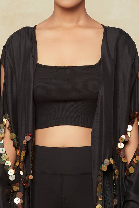 Anamika Khanna Black Silk Sequins Open Neck Embellished Cutout Jacket Online at Aza Fashions Anamika Khanna_Black Silk Sequins Open Neck Embellished Cutout Jacket_Online_at_Aza_Fashions