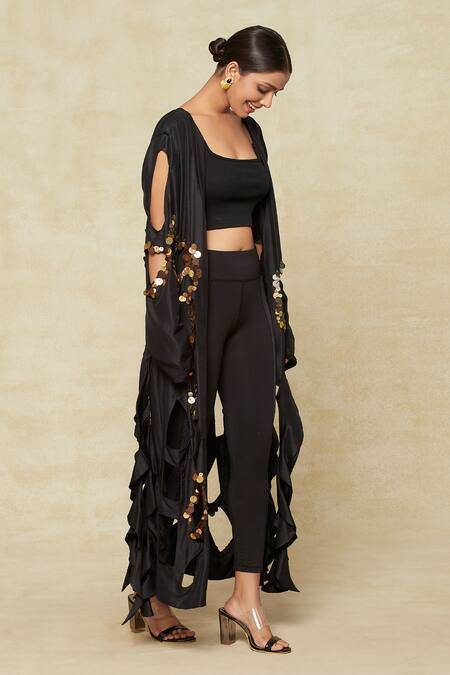 Buy Anamika Khanna Black Silk Sequins Open Neck Embellished Cutout Jacket Online at Aza Fashions Buy_Anamika Khanna_Black Silk Sequins Open Neck Embellished Cutout Jacket_Online_at_Aza_Fashions