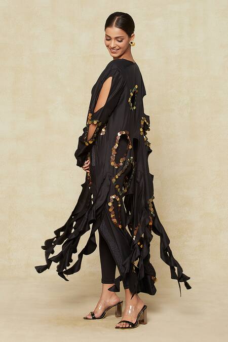 Shop Anamika Khanna Black Silk Sequins Open Neck Embellished Cutout Jacket Online at Aza Fashions Shop_Anamika Khanna_Black Silk Sequins Open Neck Embellished Cutout Jacket_Online_at_Aza_Fashions