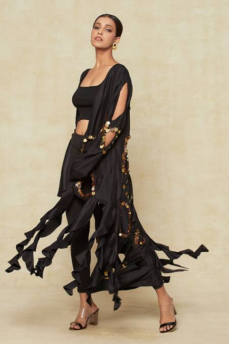 Anamika Khanna Black Silk Sequins Open Neck Embellished Cutout Jacket at Aza Fashions Anamika Khanna_Black Silk Sequins Open Neck Embellished Cutout Jacket_at_Aza_Fashions