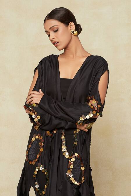 Buy Anamika Khanna Black Silk Sequins Open Neck Embellished Cutout Jacket Buy_Anamika Khanna_Black Silk Sequins Open Neck Embellished Cutout Jacket