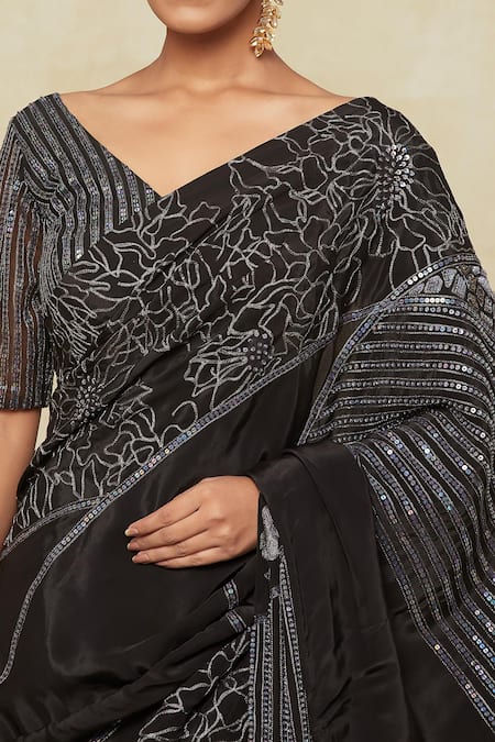 Buy_Mishru_Black Silk Sequins, Embroidery V-neck Embellished Saree With Blouse _Online_at_Aza_Fashions