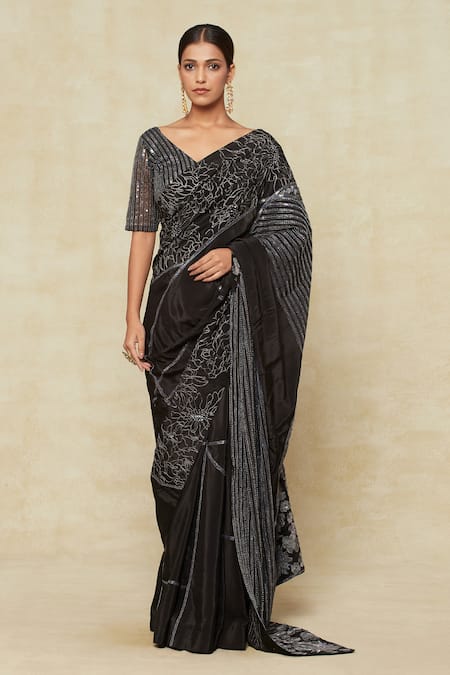 Shop_Mishru_Black Silk Sequins, Embroidery V-neck Embellished Saree With Blouse _Online_at_Aza_Fashions