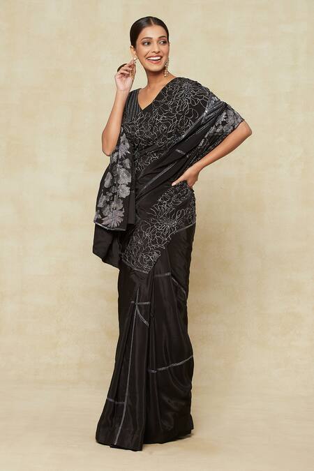 Mishru_Black Silk Sequins, Embroidery V-neck Embellished Saree With Blouse _at_Aza_Fashions
