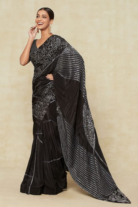Buy_Mishru_Black Silk Sequins, Embroidery V-neck Embellished Saree With Blouse 