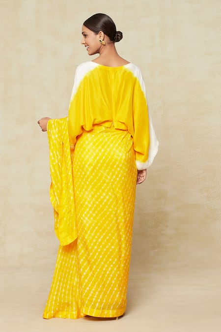 Pink City by Sarika_Yellow Silk V-neck Leheriya Print Draped Skirt Set _Online_at_Aza_Fashions