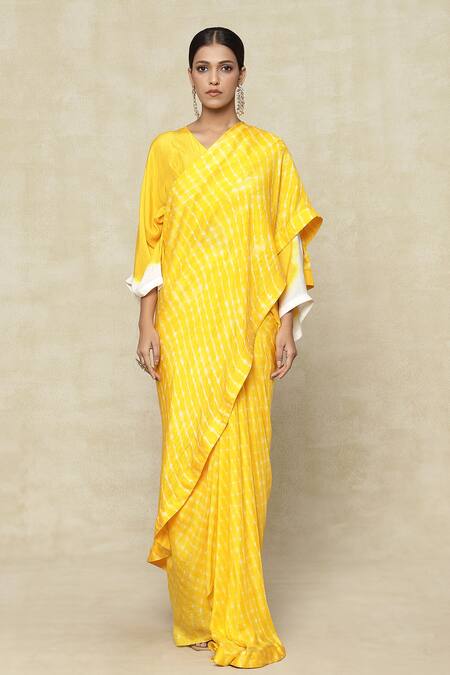 Buy_Pink City by Sarika_Yellow Silk V-neck Leheriya Print Draped Skirt Set _Online_at_Aza_Fashions