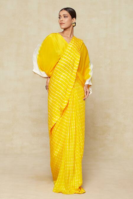 Shop_Pink City by Sarika_Yellow Silk V-neck Leheriya Print Draped Skirt Set _Online_at_Aza_Fashions