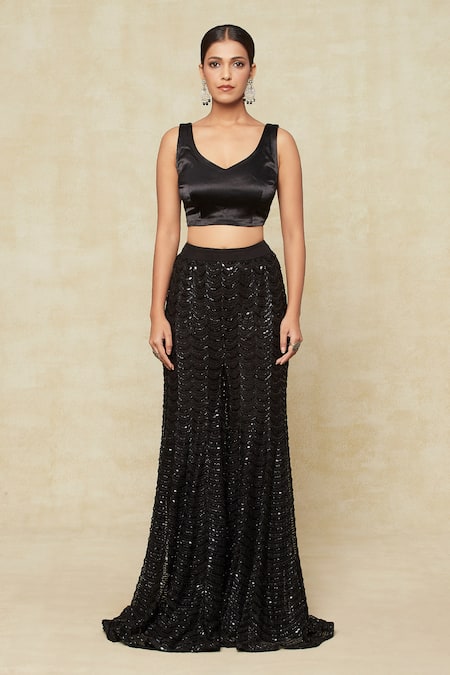 Ritika Mirchandani_Black Silk Embroidery Asymmetric, Round Neck Floral Jacket Sharara Set_Online_at_Aza_Fashions