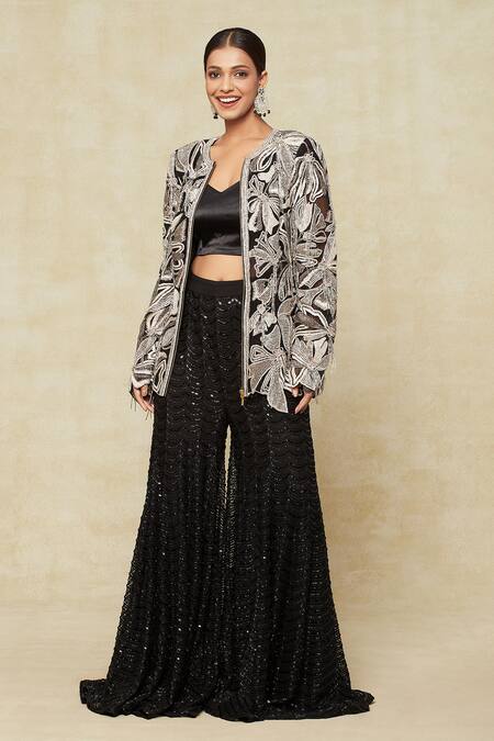 Shop_Ritika Mirchandani_Black Silk Embroidery Asymmetric, Round Neck Floral Jacket Sharara Set_Online_at_Aza_Fashions