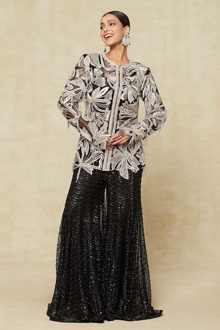 Buy_Ritika Mirchandani_Black Silk Embroidery Asymmetric, Round Neck Floral Jacket Sharara Set