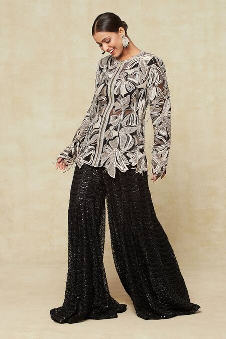 Shop_Ritika Mirchandani_Black Silk Embroidery Asymmetric, Round Neck Floral Jacket Sharara Set