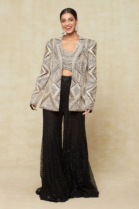 Ritika Mirchandani Off White Silk, Georgette Embroidery Round Neck Blazer Sharara Set Online at Aza Fashions Ritika Mirchandani_Off White Silk, Georgette Embroidery Round Neck Blazer Sharara Set _Online_at_Aza_Fashions