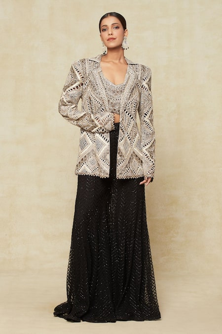 Ritika Mirchandani Off White Silk, Georgette Embroidery Round Neck Blazer Sharara Set at Aza Fashions Ritika Mirchandani_Off White Silk, Georgette Embroidery Round Neck Blazer Sharara Set _at_Aza_Fashions