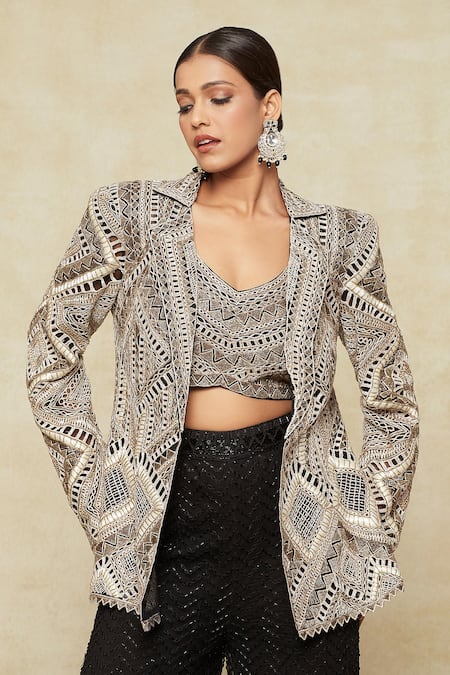 Buy Ritika Mirchandani Off White Silk, Georgette Embroidery Round Neck Blazer Sharara Set Buy_Ritika Mirchandani_Off White Silk, Georgette Embroidery Round Neck Blazer Sharara Set