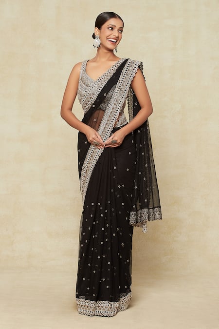 Ritika Mirchandani Black Embroidered Cutdana Leaf Saree With Blouse 