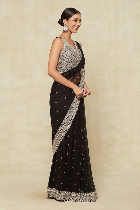 Buy Ritika Mirchandani Black Chiffon, Silk, Georgette Cut Work, Embroidery Cutdana Saree With Blouse Buy_Ritika Mirchandani_Black Chiffon, Silk, Georgette Cut Work, Embroidery Cutdana Saree With Blouse