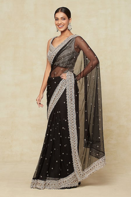 Shop Ritika Mirchandani Black Chiffon, Silk, Georgette Cut Work, Embroidery Cutdana Saree With Blouse Shop_Ritika Mirchandani_Black Chiffon, Silk, Georgette Cut Work, Embroidery Cutdana Saree With Blouse