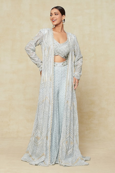 Ritika Mirchandani Blue Embroidered Geometric Plunged Long Jacket And Sharara Set 