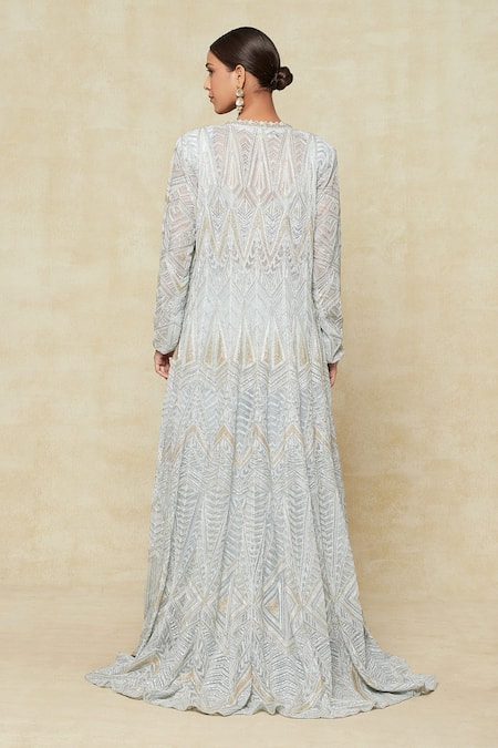 Ritika Mirchandani Blue Silk, Georgette, Polyester Embroidery Plunge Long Jacket And Sharara Set Online at Aza Fashions Ritika Mirchandani_Blue Silk, Georgette, Polyester Embroidery Plunge Long Jacket And Sharara Set _Online_at_Aza_Fashions
