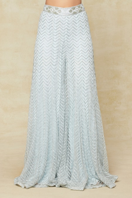 Shop Ritika Mirchandani Blue Silk, Georgette, Polyester Embroidery Plunge Long Jacket And Sharara Set Online at Aza Fashions Shop_Ritika Mirchandani_Blue Silk, Georgette, Polyester Embroidery Plunge Long Jacket And Sharara Set _Online_at_Aza_Fashions