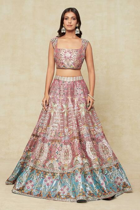 Aisha Rao Pink Silk, Chiffon Embroidery Square Neck Trencadis Lehenga Set Online at Aza Fashions Aisha Rao_Pink Silk, Chiffon Embroidery Square Neck Trencadis Lehenga Set_Online_at_Aza_Fashions