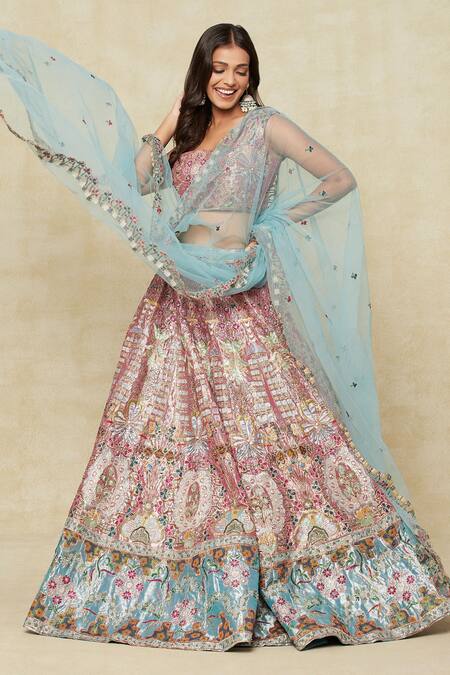 Aisha Rao Pink Silk, Chiffon Embroidery Square Neck Trencadis Lehenga Set at Aza Fashions Aisha Rao_Pink Silk, Chiffon Embroidery Square Neck Trencadis Lehenga Set_at_Aza_Fashions