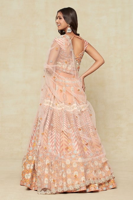 Aisha Rao_Orange Chiffon Embroidery, Sequins Square Neck Lehenga Set _Online_at_Aza_Fashions