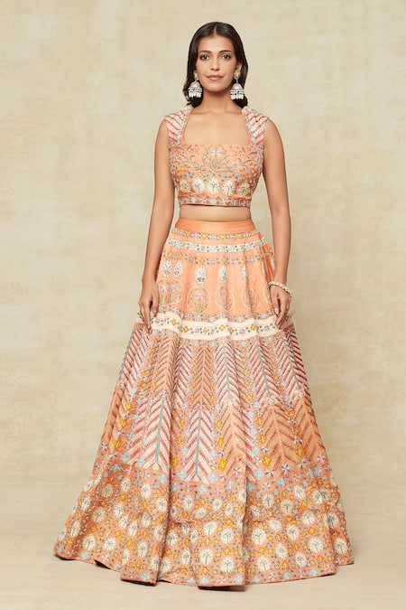Buy_Aisha Rao_Orange Chiffon Embroidery, Sequins Square Neck Lehenga Set _Online_at_Aza_Fashions