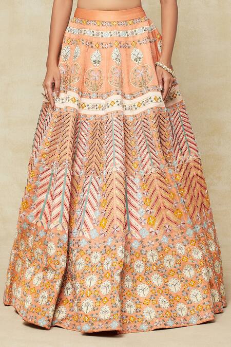 Shop_Aisha Rao_Orange Chiffon Embroidery, Sequins Square Neck Lehenga Set _Online_at_Aza_Fashions