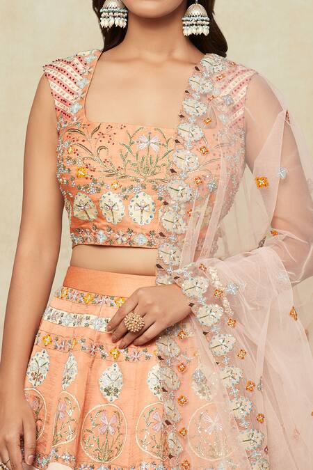 Aisha Rao_Orange Chiffon Embroidery, Sequins Square Neck Lehenga Set _at_Aza_Fashions
