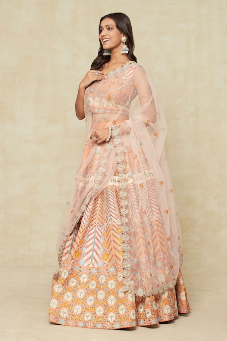 Buy_Aisha Rao_Orange Chiffon Embroidery, Sequins Square Neck Lehenga Set 