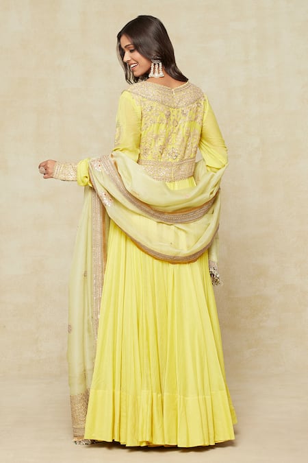 Anamika Khanna Yellow Cotton, Chiffon Embroidery Scoop Neck Floral Anarkali Set Online at Aza Fashions Anamika Khanna_Yellow Cotton, Chiffon Embroidery Scoop Neck Floral Anarkali Set _Online_at_Aza_Fashions