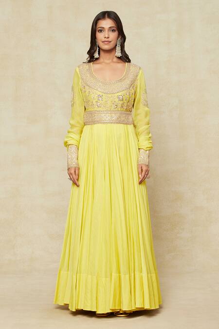 Buy Anamika Khanna Yellow Cotton, Chiffon Embroidery Scoop Neck Floral Anarkali Set Online at Aza Fashions Buy_Anamika Khanna_Yellow Cotton, Chiffon Embroidery Scoop Neck Floral Anarkali Set _Online_at_Aza_Fashions