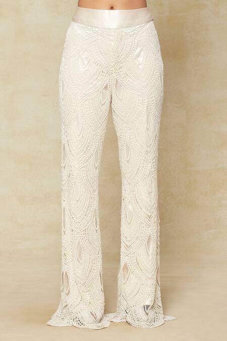 Ridhima Bhasin_White Georgette Pearls High , Scoop Embroidered Jacket Pant Set_Online_at_Aza_Fashions