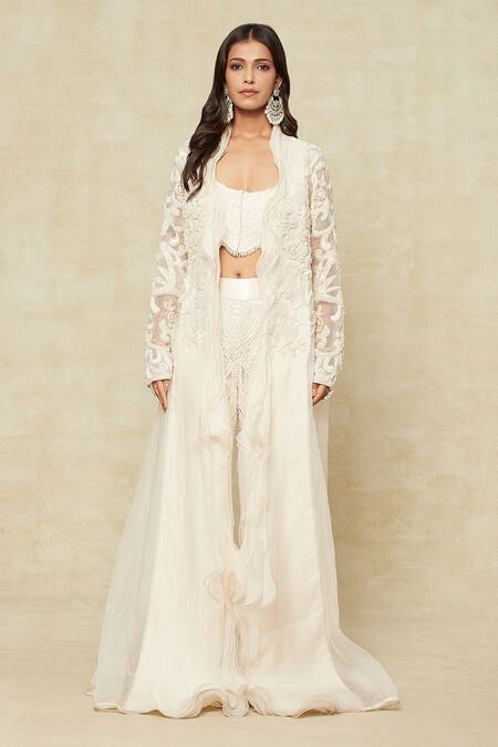 Buy_Ridhima Bhasin_White Georgette Pearls High , Scoop Embroidered Jacket Pant Set_Online_at_Aza_Fashions