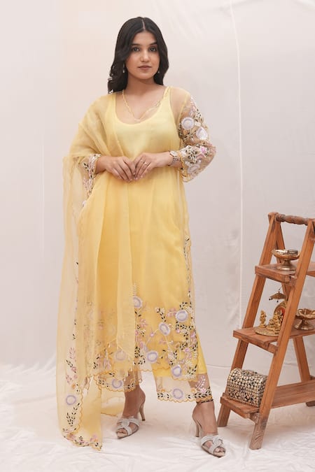 Ankita S Goswami Yellow Kurta And Dupatta Pure Organza Dreamy Daffodil Floral Sheer Culottes Set 