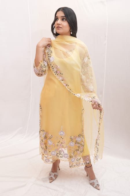Ankita S Goswami Dreamy Daffodil Floral Embroidered Sheer Kurta Culottes Set 