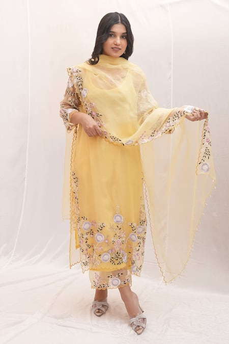 Buy_Ankita S Goswami_Yellow Organza, Chanderi Dreamy Daffodil Floral Sheer Kurta Culottes Set _Online_at_Aza_Fashions