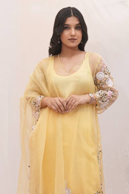 Shop_Ankita S Goswami_Yellow Organza, Chanderi Dreamy Daffodil Floral Sheer Kurta Culottes Set _Online_at_Aza_Fashions